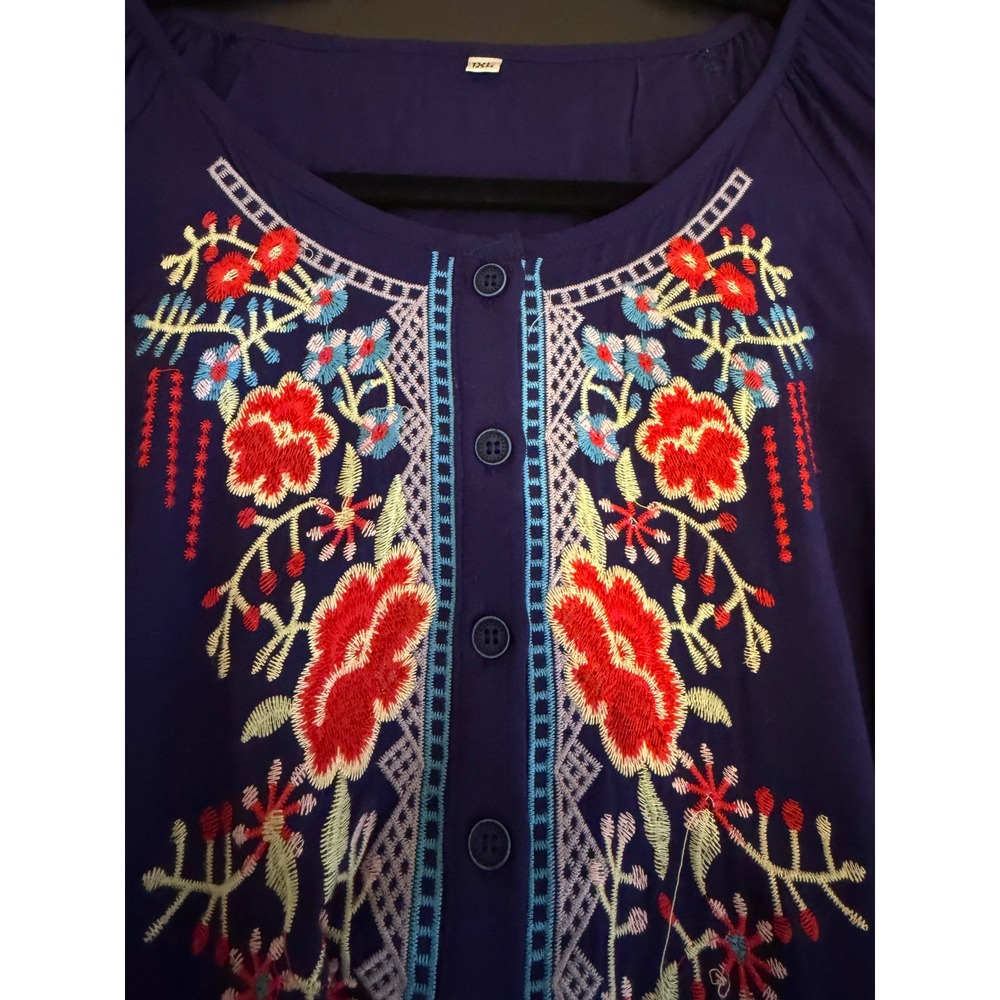Navy Blue Embroidered Floral Boho 100% Cotton Blouse Top 1XL 3/4 Sleeve Peasant - Picture 7 of 13